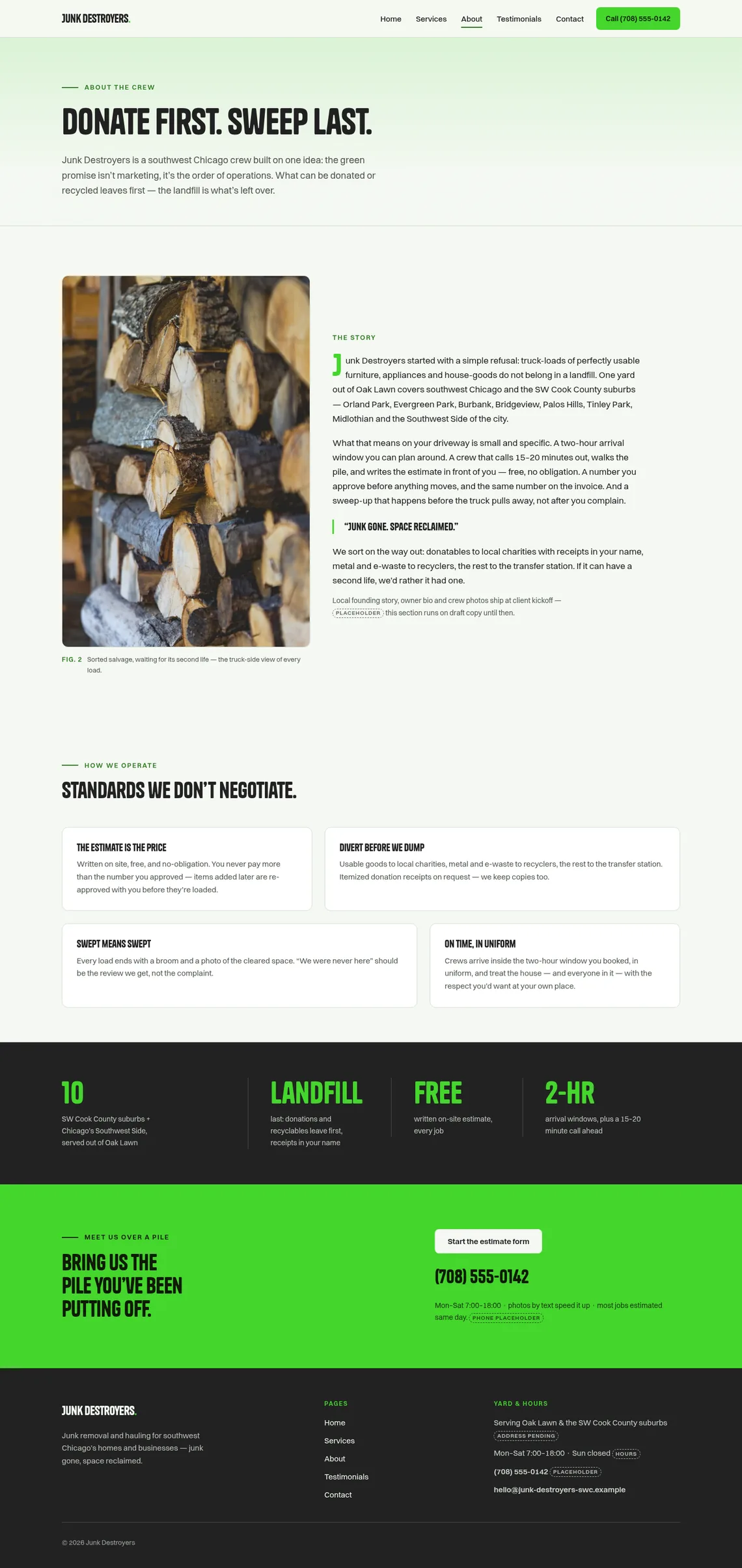 Junk Destroyers About page at desktop width
