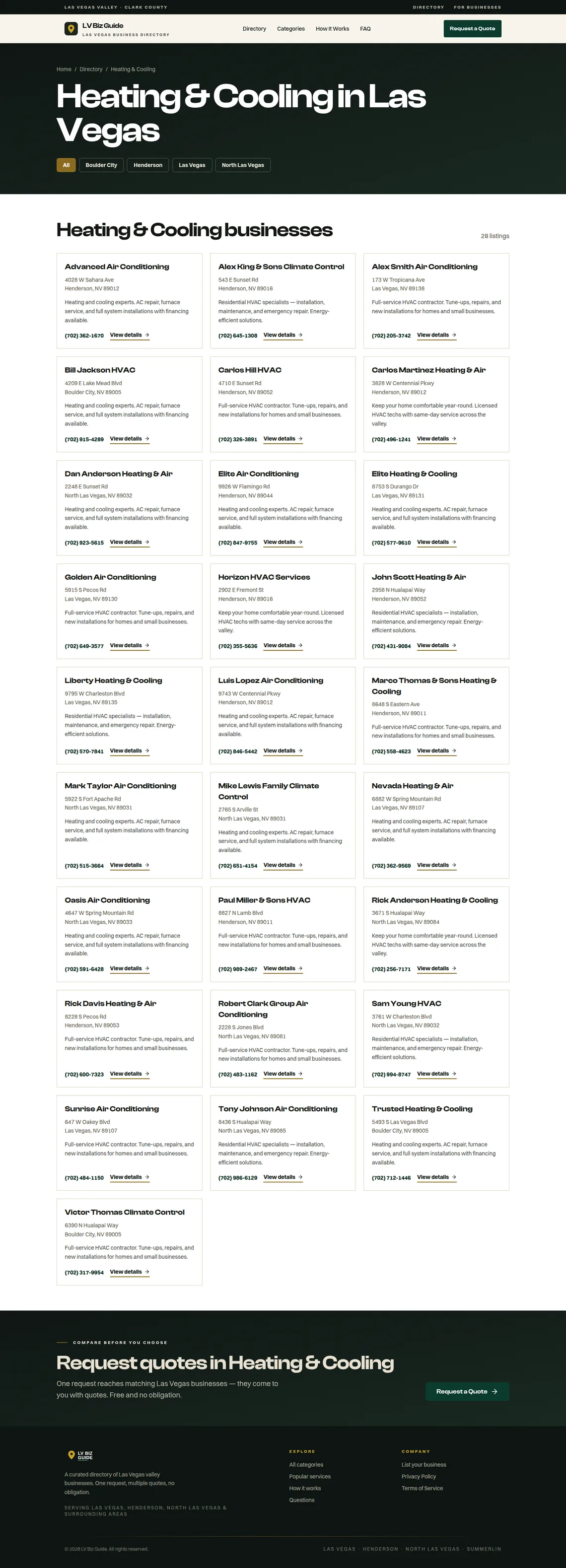 LV Biz Guide Heating & Cooling page at desktop width