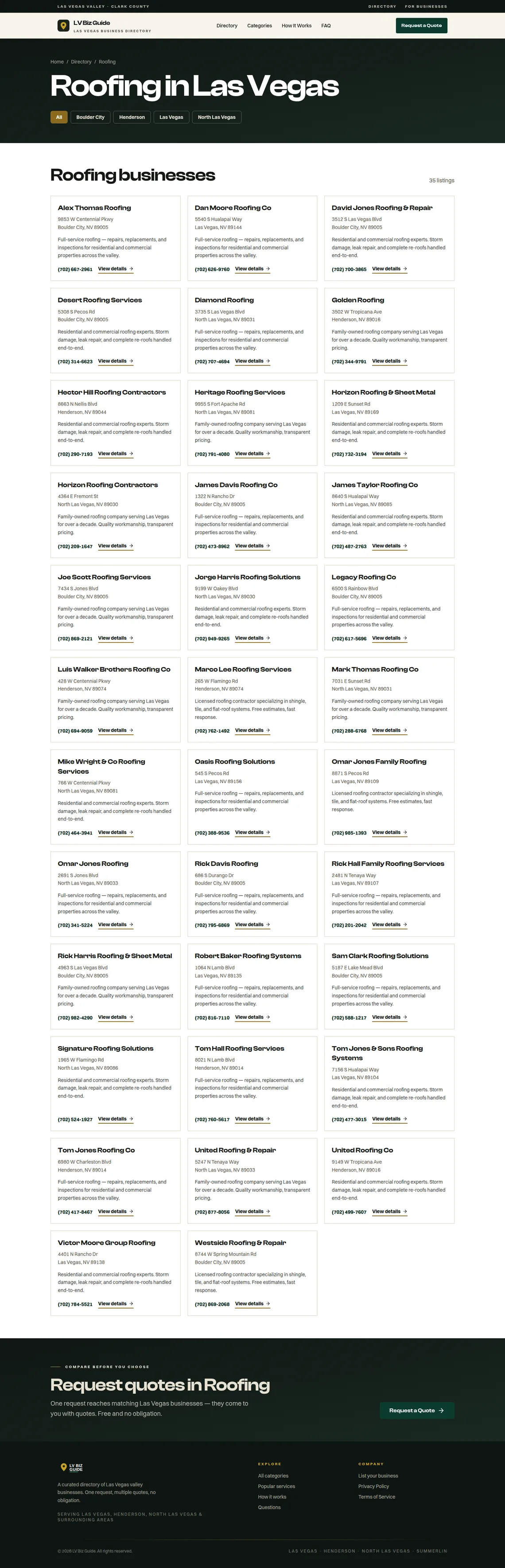 LV Biz Guide Roofing page at desktop width