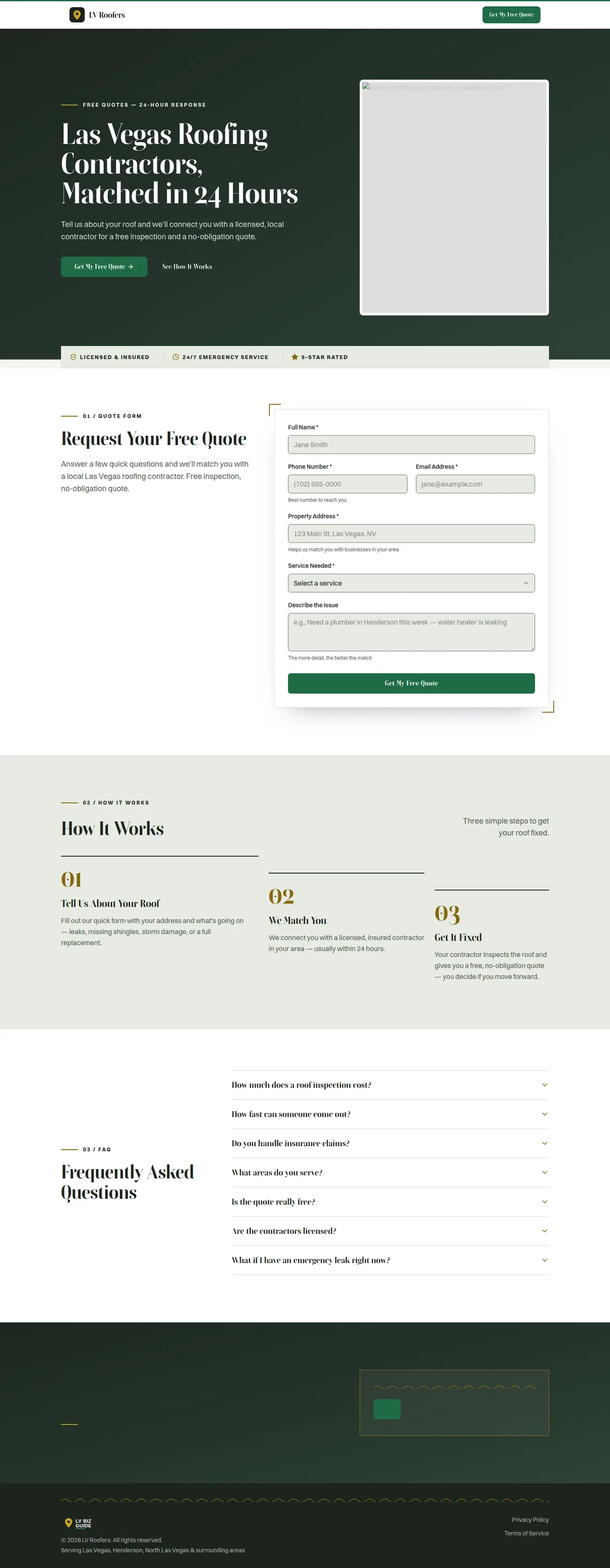 LV Roofers Home page at desktop width