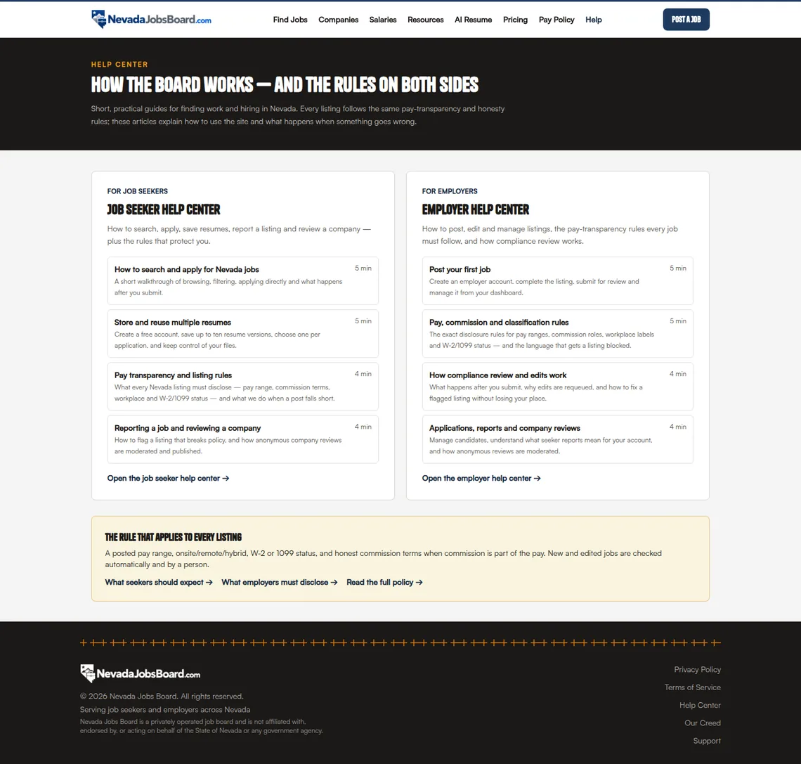 Nevada Jobs Board Help page at desktop width