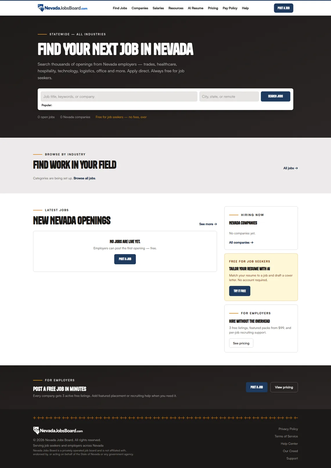 Nevada Jobs Board Home page at desktop width