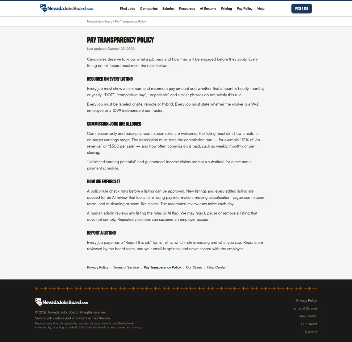 Nevada Jobs Board Pay Transparency page at desktop width