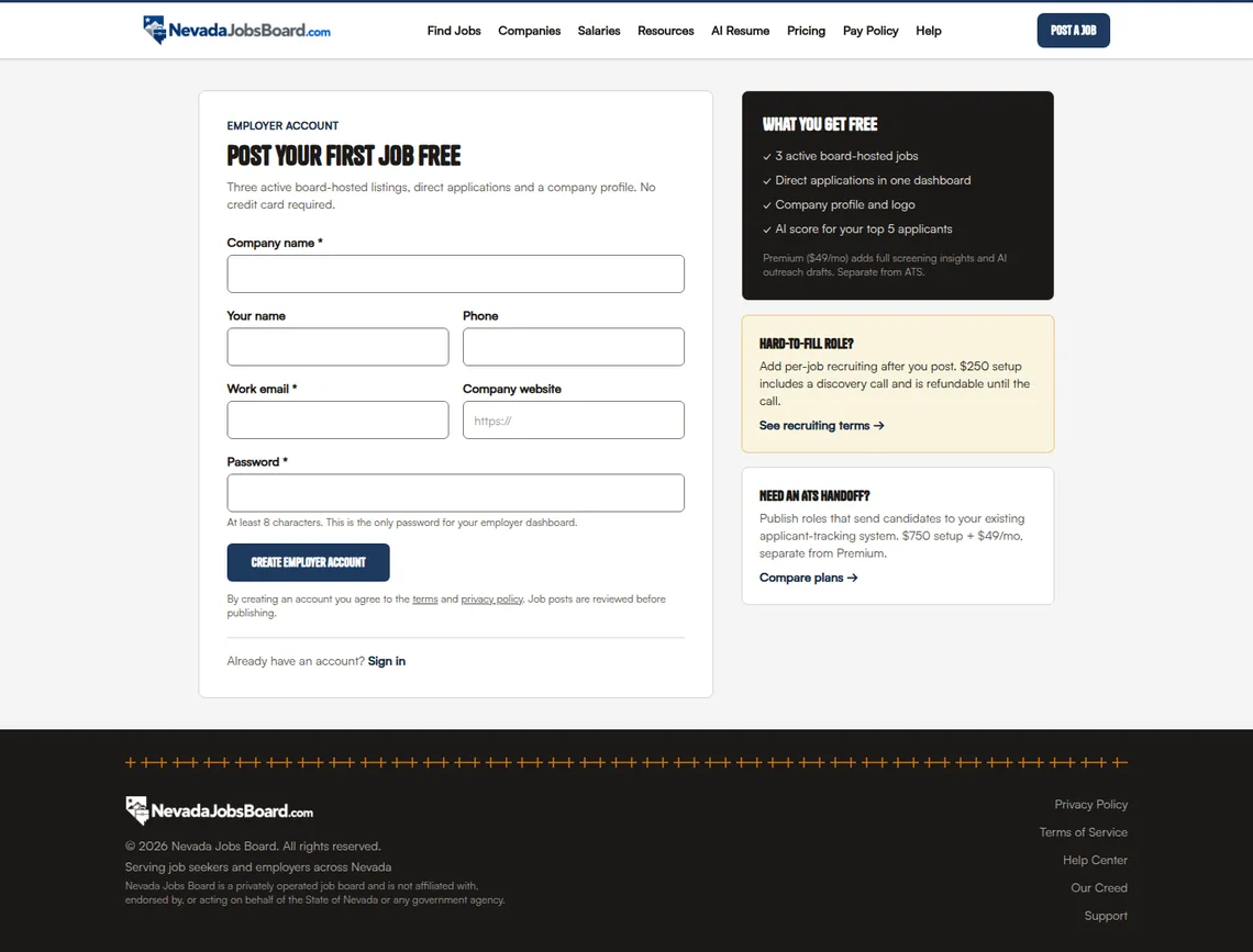 Nevada Jobs Board Post a Job page at desktop width