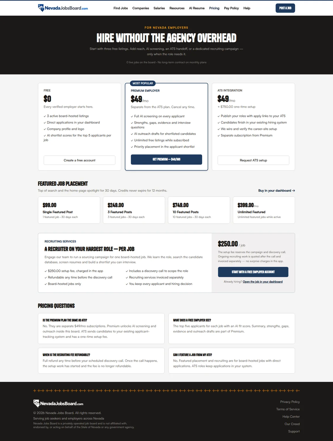 Nevada Jobs Board Pricing page at desktop width