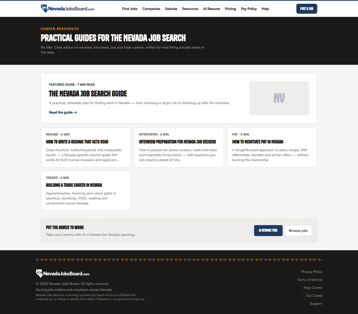 Nevada Jobs Board Resources page at desktop width