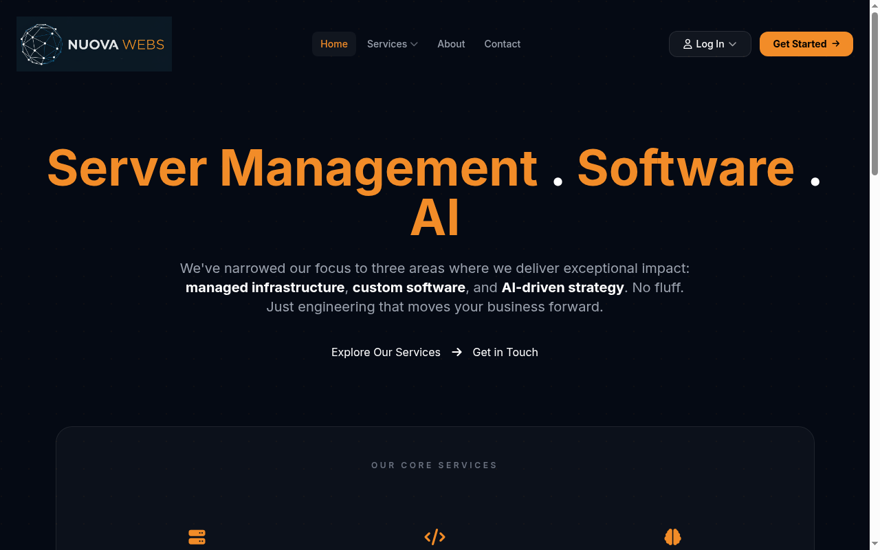 Nuova Webs dark-theme website homepage