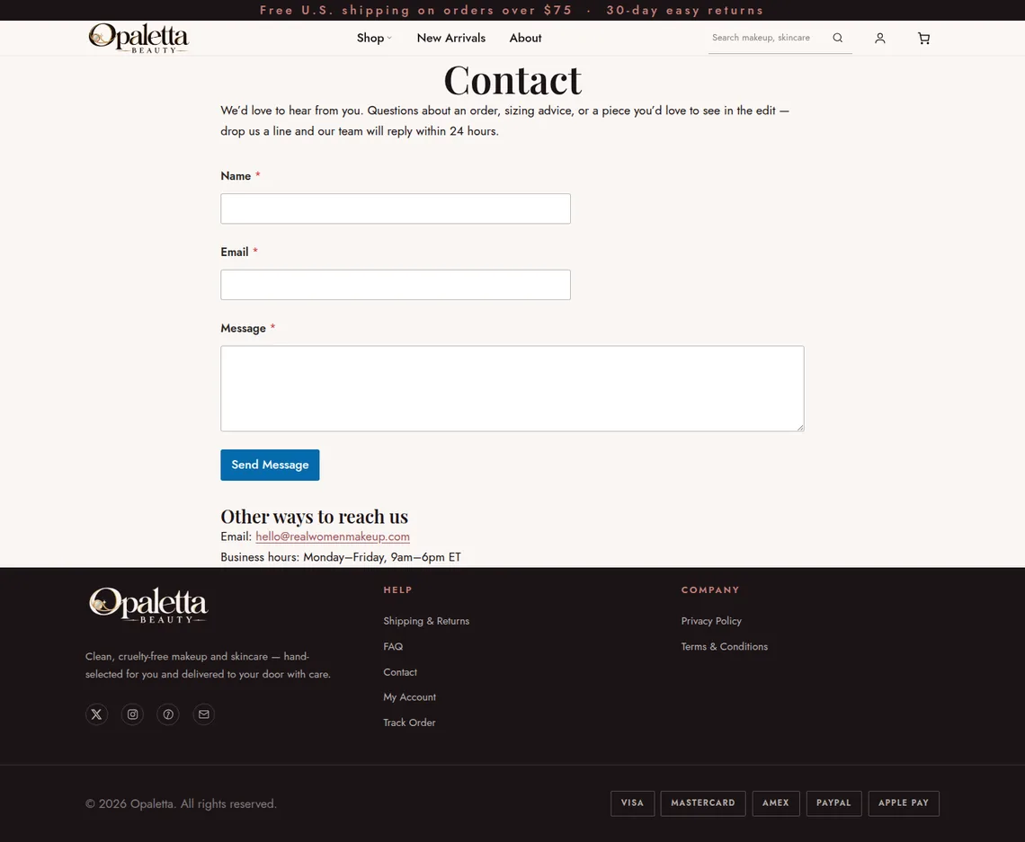Opaletta Beauty Contact page at desktop width