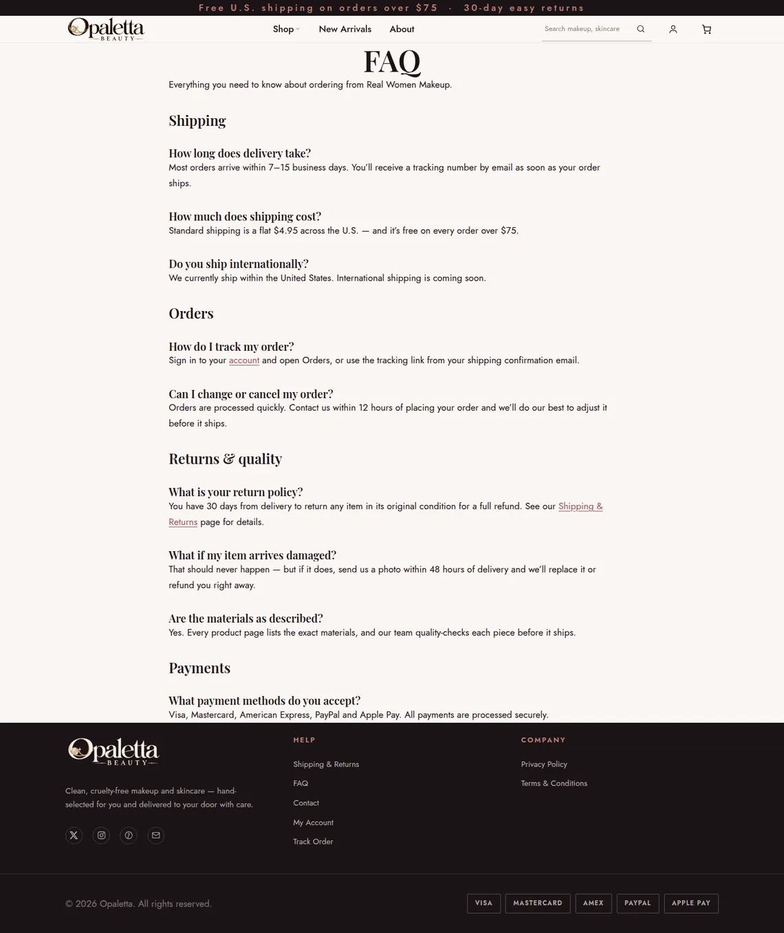 Opaletta Beauty FAQ page at desktop width