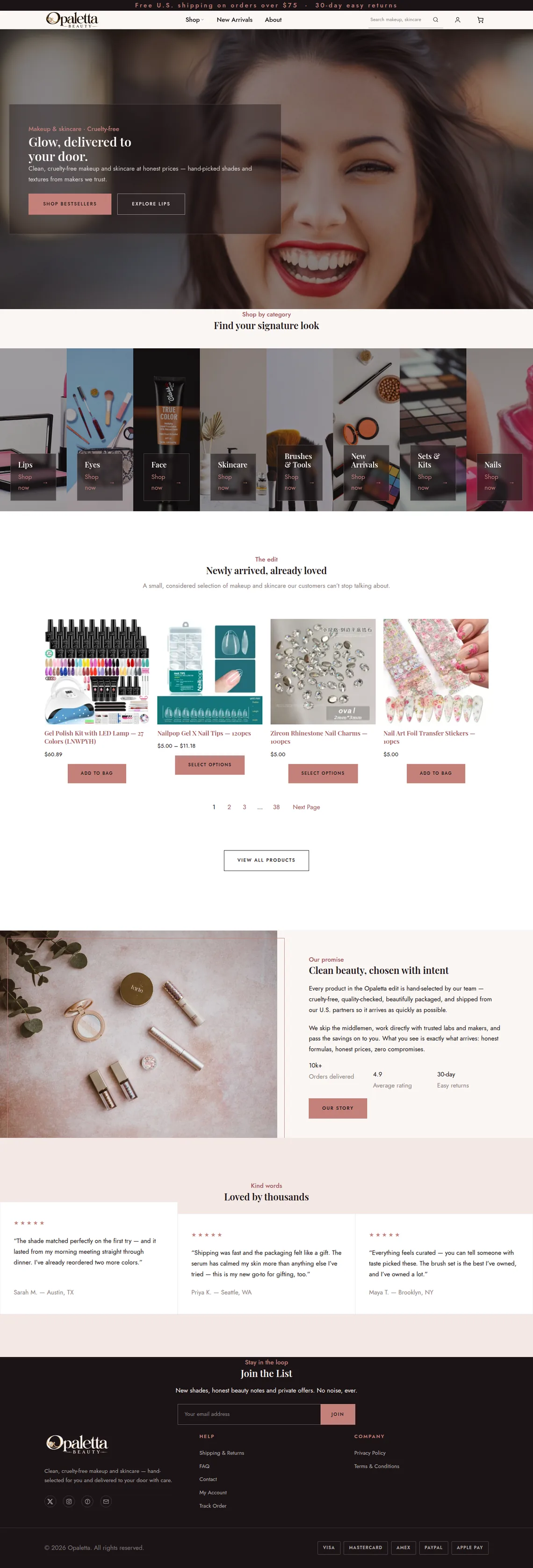 Opaletta Beauty Home page at desktop width